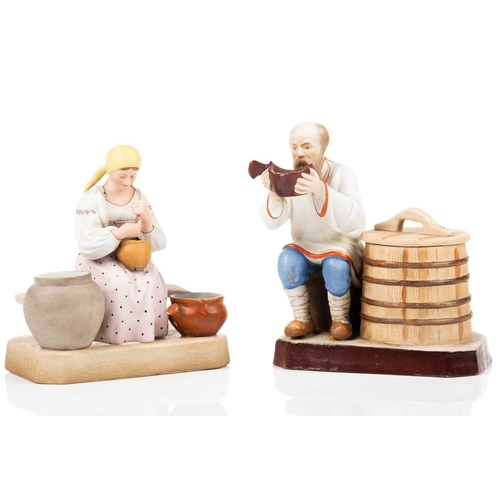 222 - A pair of Russian Gardner porcelain figures of a Peasant Woman churning butter, 13.5 cm high and a P... 