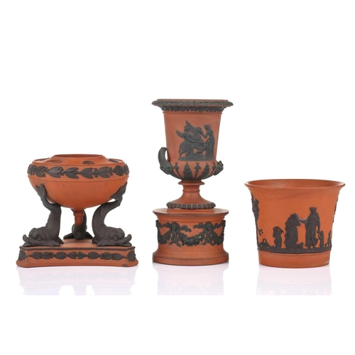 225 - Five items of 19th century Wedgwood rosso antico ware, comprising a miniature version of the Portlan... 