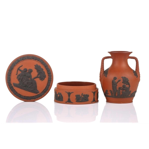 225 - Five items of 19th century Wedgwood rosso antico ware, comprising a miniature version of the Portlan... 