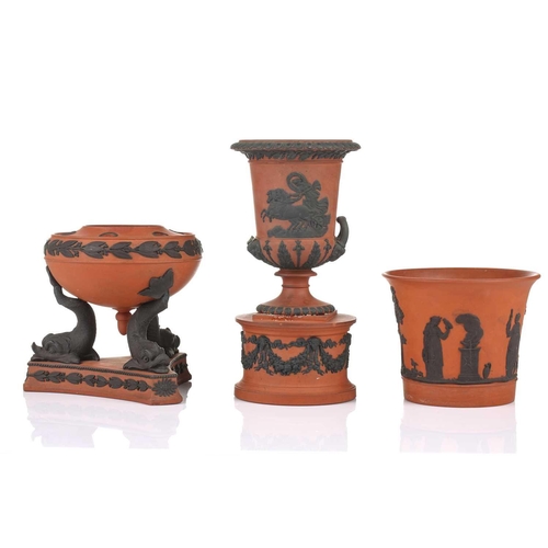 225 - Five items of 19th century Wedgwood rosso antico ware, comprising a miniature version of the Portlan... 