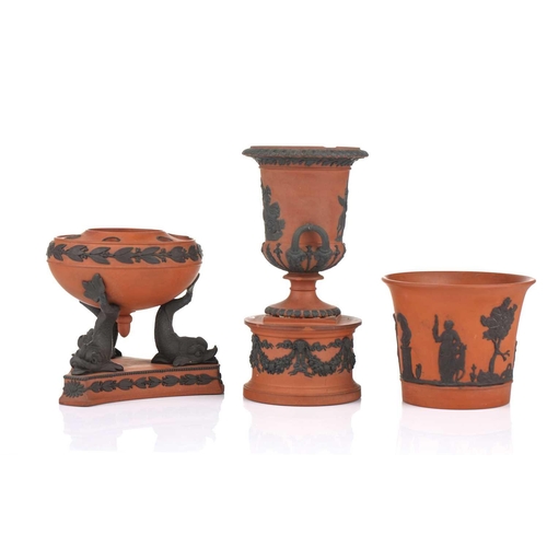 225 - Five items of 19th century Wedgwood rosso antico ware, comprising a miniature version of the Portlan... 