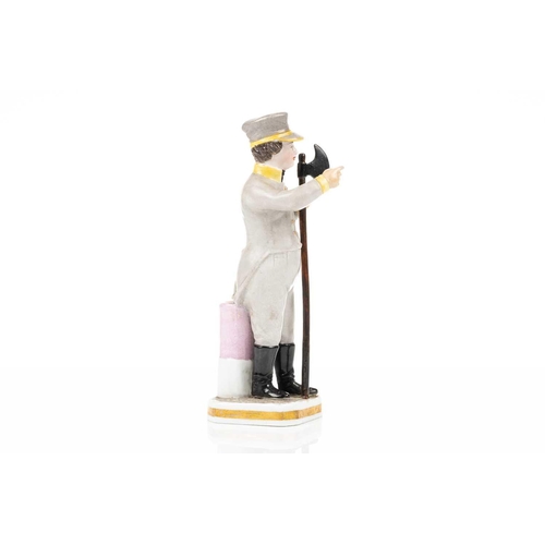 231 - A Russian Gardner porcelain figure of a City Guard, 1820s, from the Magic Lantern series, 16 cm high... 