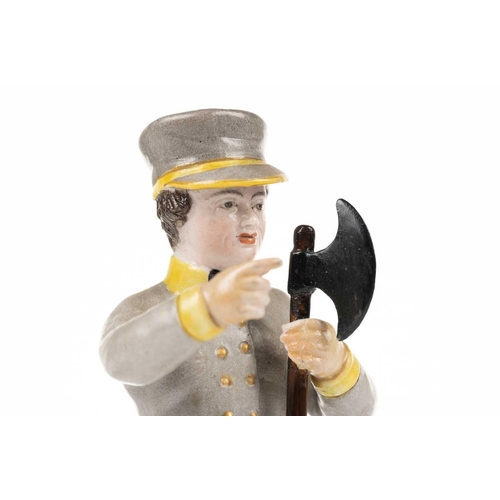 231 - A Russian Gardner porcelain figure of a City Guard, 1820s, from the Magic Lantern series, 16 cm high... 