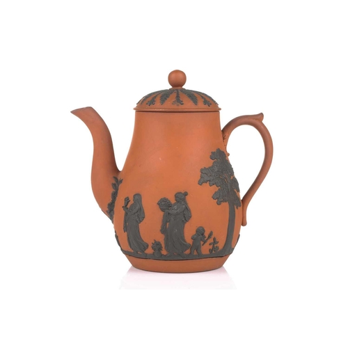 236 - A Wedgwood rosso antico small coffee pot and cover, 19th century, with applied neo-classical decorat... 