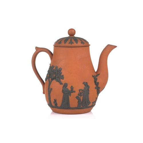 236 - A Wedgwood rosso antico small coffee pot and cover, 19th century, with applied neo-classical decorat... 