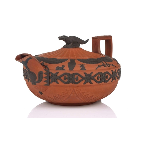 237 - A large Wedgwood rosso antico teapot and cover, early 19th century, with applied Egyptian decoration... 