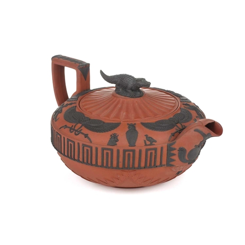 248 - A large Wedgwood rosso antico teapot and cover, early 19th century, with applied Egyptian decoration... 