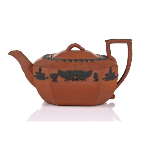 251 - A Wedgwood rosso antico teapot and cover, 19th century, of square form with canted corners, with app... 