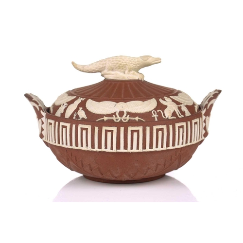 253 - Three 19th century Wedgwood items, comprising an 'Russo Antico' lidded pot, the cover with crocodile... 