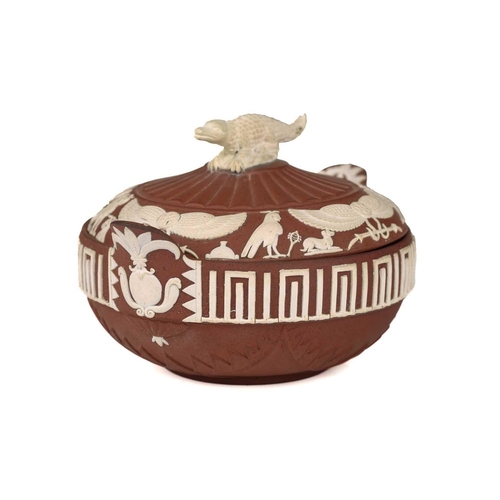 253 - Three 19th century Wedgwood items, comprising an 'Russo Antico' lidded pot, the cover with crocodile... 