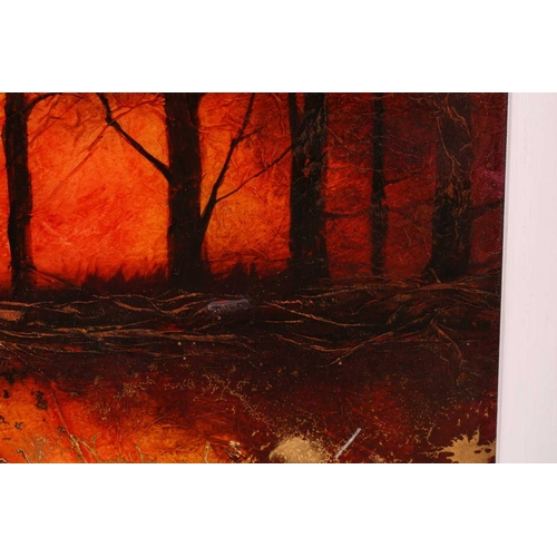 12 - † Kerry Darlington (b.1974), a forest landscape, mixed media and resin on board, signed to bottom ri... 