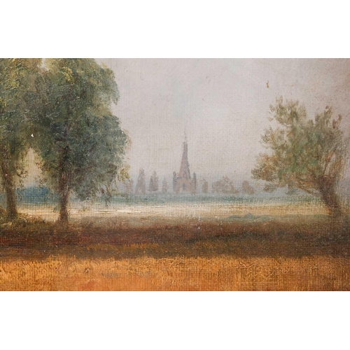 15 - Manner of Joseph Paul Pettitt (1812 - 1882), cattle grazing beneath a tree, a town in the distant, u... 