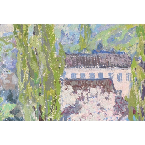 18 - Attributed to Vladimir Andreevic Belov (b.1923) Russia, impressionist style view of a river and buil... 