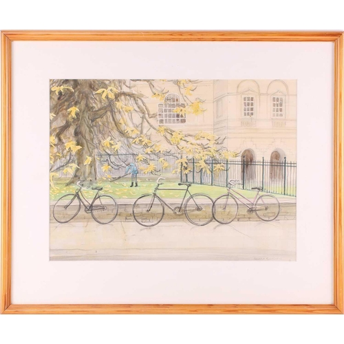 21 - † Pamela Townsend (1920-2019) British, 'Cyclists passing Christ's College, Cambridge', 'Bicycles lea... 