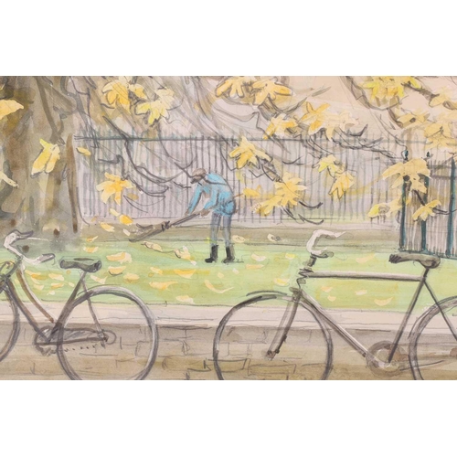 21 - † Pamela Townsend (1920-2019) British, 'Cyclists passing Christ's College, Cambridge', 'Bicycles lea... 