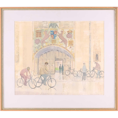 21 - † Pamela Townsend (1920-2019) British, 'Cyclists passing Christ's College, Cambridge', 'Bicycles lea... 