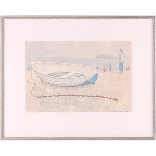 29 - Pamela Townsend (1920 - 2019), 'Boys fishing', 'Boat on Brighton Beach' and 'A blustery walk on the ... 