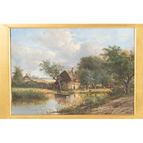 2 - Joseph Thors (1843-1898) British, a rural landscape, stream before a cottage, oil on canvas, signed ... 