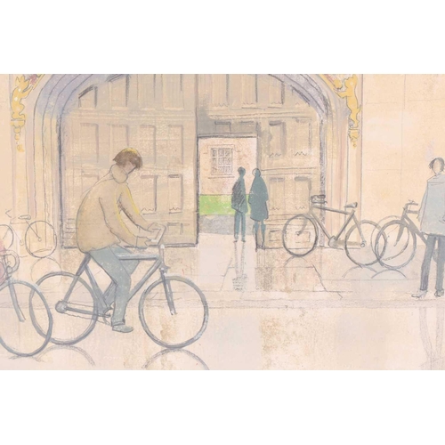 21 - † Pamela Townsend (1920-2019) British, 'Cyclists passing Christ's College, Cambridge', 'Bicycles lea... 
