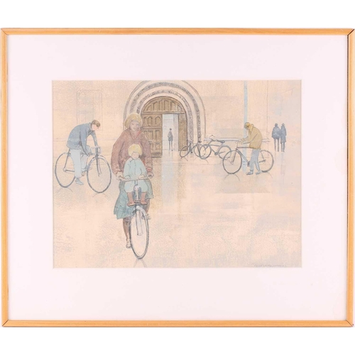 21 - † Pamela Townsend (1920-2019) British, 'Cyclists passing Christ's College, Cambridge', 'Bicycles lea... 