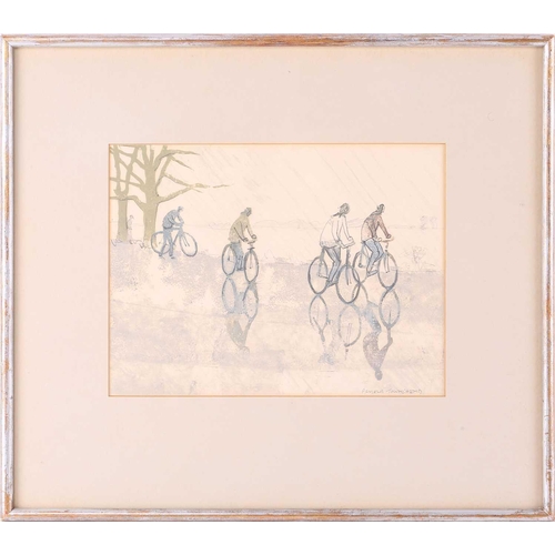 26 - Pamela Townsend (b.1920), Bicycles on a rail outside Kings College, Cambridge & Cycling in the Rain,... 