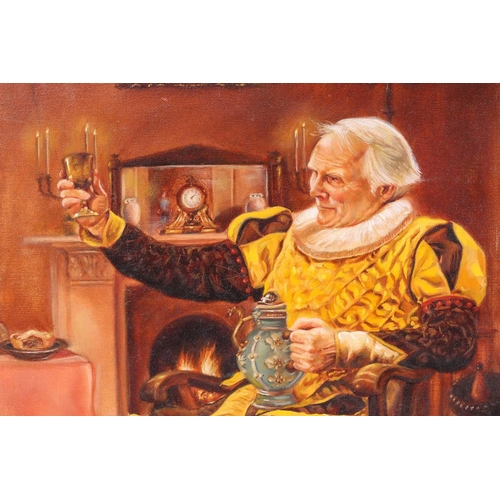 37 - † Darren Baker (b.1976), Portrait of a cavalier in a ruff and holding up a goblet, signed, oil on ca... 