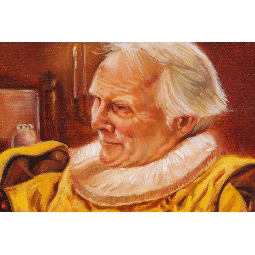 37 - † Darren Baker (b.1976), Portrait of a cavalier in a ruff and holding up a goblet, signed, oil on ca... 