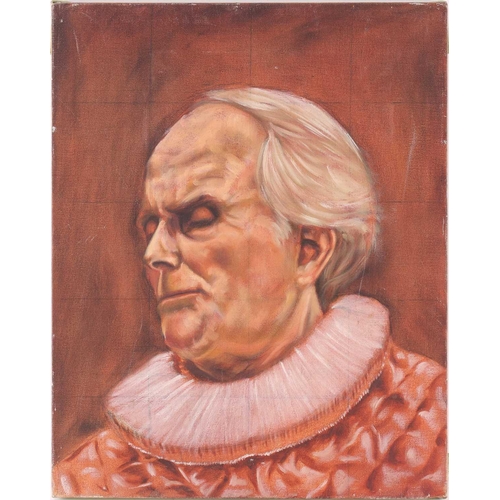 37 - † Darren Baker (b.1976), Portrait of a cavalier in a ruff and holding up a goblet, signed, oil on ca... 