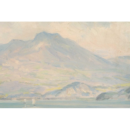 44 - Robert Fowler (1853 - 1926), Moelwyn Mountains from Borth-Y-Gest, oil on board, labelled verso 'I gu... 