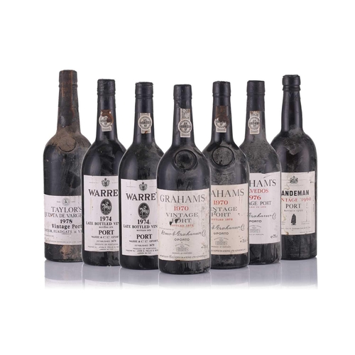 32 - Seven bottles of port comprising: two bottles of Warres 1974 Late Bottled Vintage, bottled in 1978 7... 
