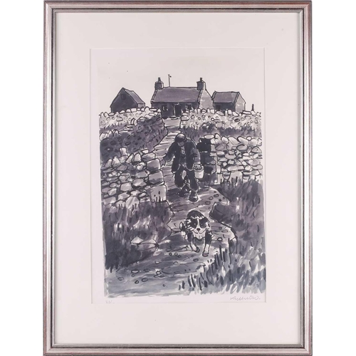 123 - † Kyffin Williams (1918-2006), Farmer with Sheep Dog and Bucket at Cilgwyn, signed and numbered 23/5... 