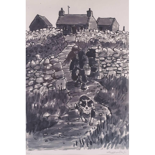 123 - † Kyffin Williams (1918-2006), Farmer with Sheep Dog and Bucket at Cilgwyn, signed and numbered 23/5... 