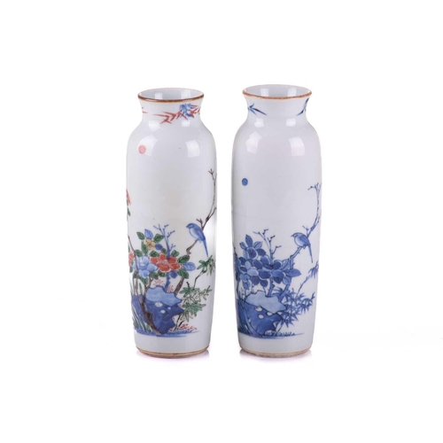 126 - A very close pair of Chinese porcelain vases, Qing, each almost identically decorated in underglaze ... 