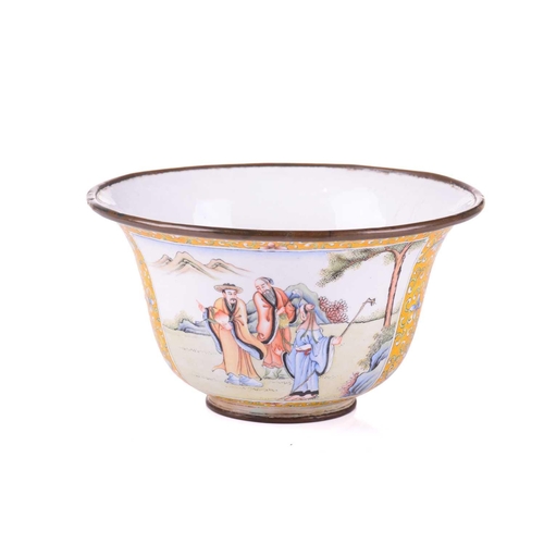 130 - A Chinese enamel on copper bowl, probably Republic Period (1912 - 1949), finely painted with two pan... 