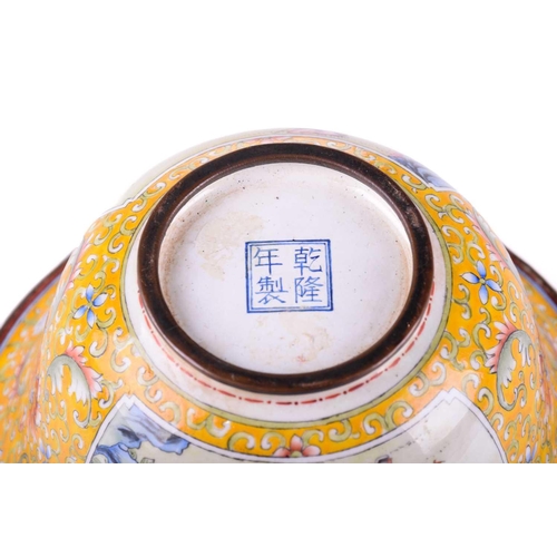 130 - A Chinese enamel on copper bowl, probably Republic Period (1912 - 1949), finely painted with two pan... 