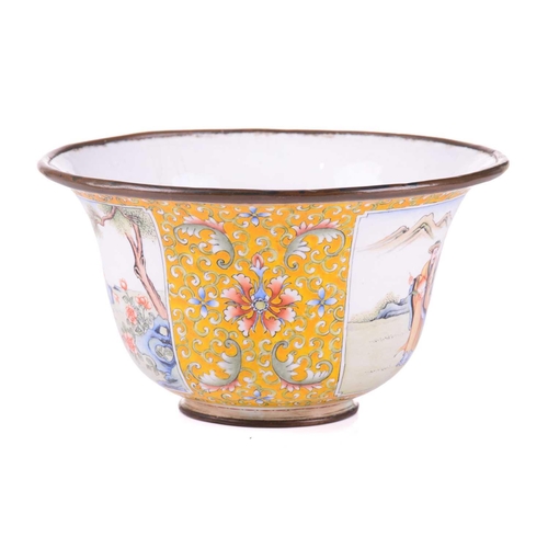 130 - A Chinese enamel on copper bowl, probably Republic Period (1912 - 1949), finely painted with two pan... 