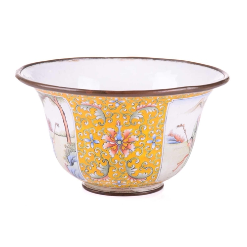 130 - A Chinese enamel on copper bowl, probably Republic Period (1912 - 1949), finely painted with two pan... 