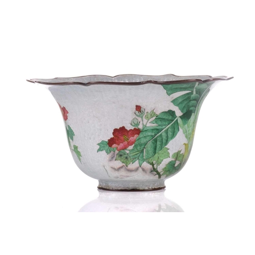 131 - A Japanese ginbari cloisonne high sided bowl, late Meiji/Taisho, the rim of petal form bound in pati... 