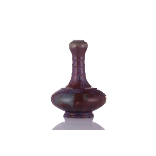 132 - A Chinese flambe glaze suantouping vase, possibly 18th century, the neck with three raised bands abo... 