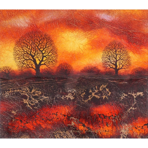 14 - † Kerry Darlington (b.1974), trees in an autumnal landscape, mixed media and resin on board, signed ... 