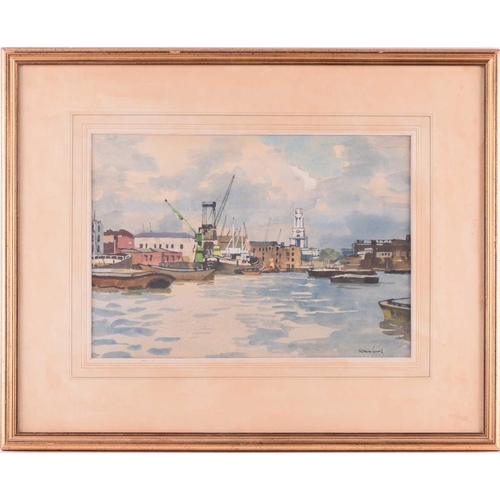 18 - † Norman Thomas Janes (1892-1980) British, boats in a harbour, watercolor, signed to lower right cor... 