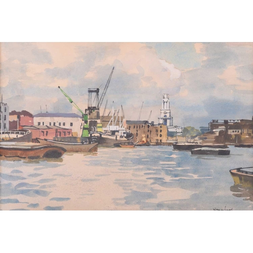 18 - † Norman Thomas Janes (1892-1980) British, boats in a harbour, watercolor, signed to lower right cor... 