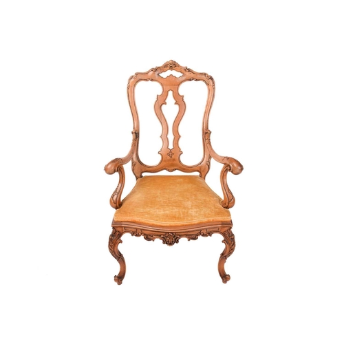 186 - An 18th-century Venetian style carved walnut open armchair, 20th century with shaped spoon back and ... 