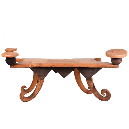 191 - A unique 20th-century artisanal rustic hewn elm serving table, with a shaped top, fitted three raise... 