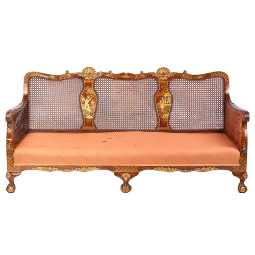 194 - An early 20th-century walnut and chinoiserie lacquer three-piece bergere lounge suite, probably 1920... 