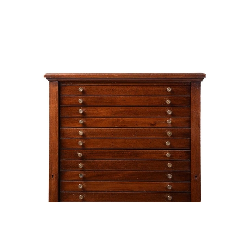 196 - An Edwardian mahogany Wellington-type coin/medal collectors chest with twenty shallow drawers with t... 