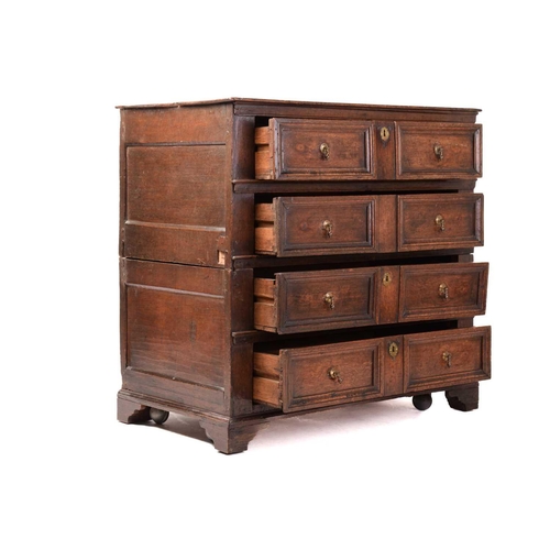 204 - A Charles II oak two-section chest of four drawers with simple moulded drawer fronts and panel const... 