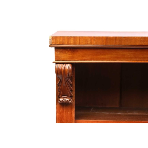 218 - A late Victorian mahogany open bookcase with carved corbels and a simple plinth base. 117 cm wide x ... 