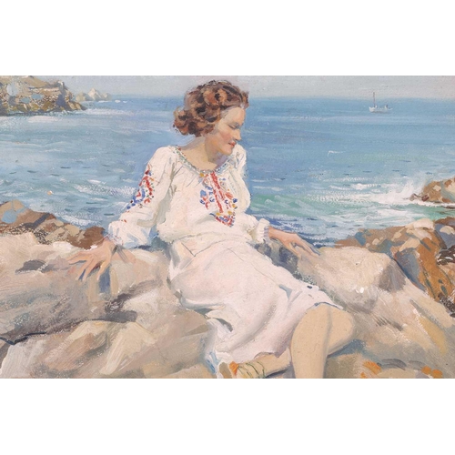 22 - † Arthur Royce Bradbury (1892-1977), Woman in white dress seated on coastal rocks, unsigned, oil on ... 