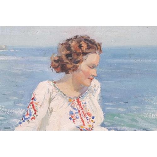 22 - † Arthur Royce Bradbury (1892-1977), Woman in white dress seated on coastal rocks, unsigned, oil on ... 